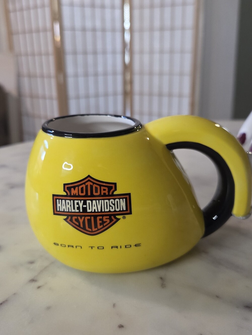 Harley-Davidson Yellow and Black 'Born to Ride' Ceramic Coffee Mug Vintage 1998